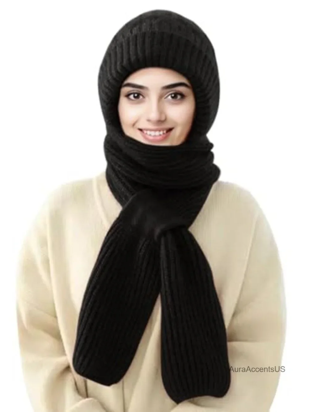 Windproof Knit Cap Scarf with Integrated Ear Protection for Women